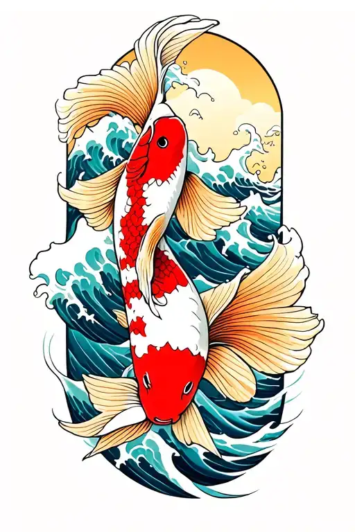 koi fish with waves crashing in the background tattoo design idea