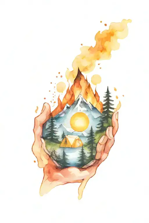 Camping mountains fire tattoo design idea