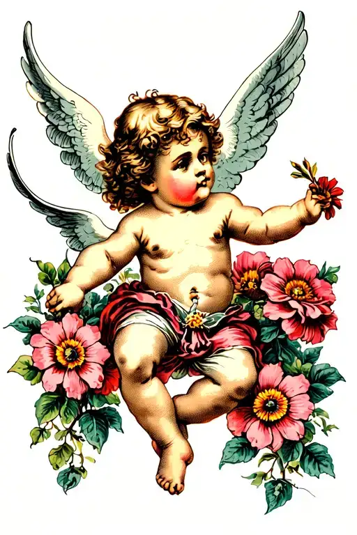 cherub with wings blowing flowers  tattoo design idea