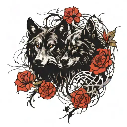 tattoo sketch, two standing black wolves entwined with vines gnawing a human skull, simple lines tattoo design idea