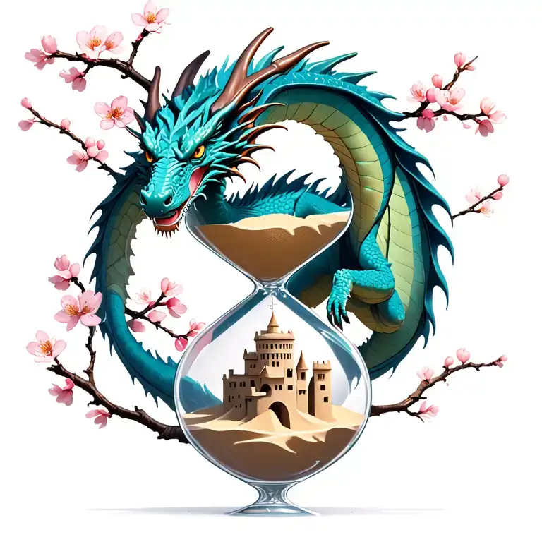 dragon perched atop hourglass that has half of a sandcastle in the bottom, surrounded by cherry blossoms with branches tattoo design idea