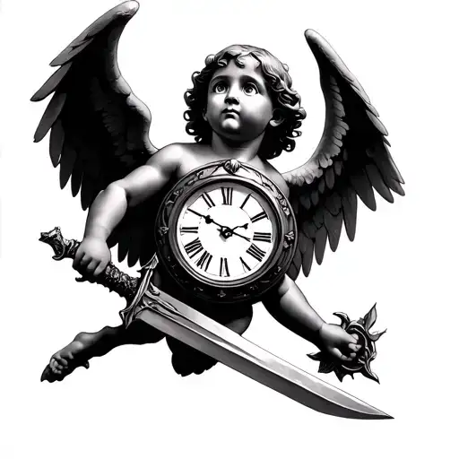 Clock Wings cherub angel holding a sword tattoo design idea