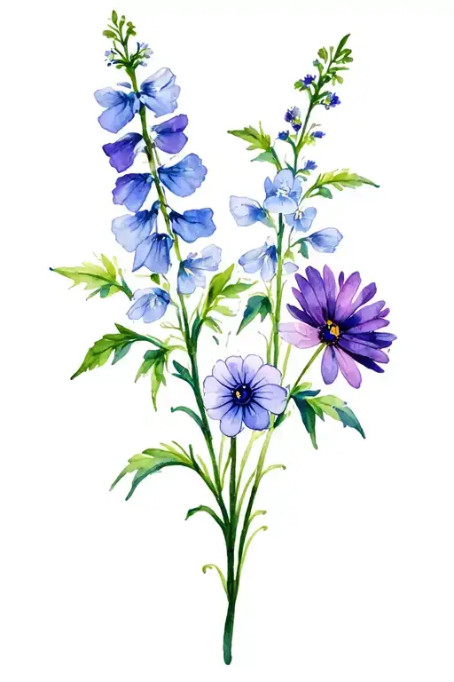 delphiniums, violets and asters tattoo design idea