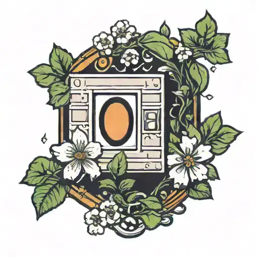 A rectangle Subspace door as seen in Scott Pilgrim Vs The World comics art style. Flowers growing around behind it tattoo design idea