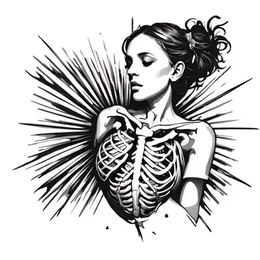 woman with guts and rib cage exposed heart seen with rays coming out of chest tattoo design idea