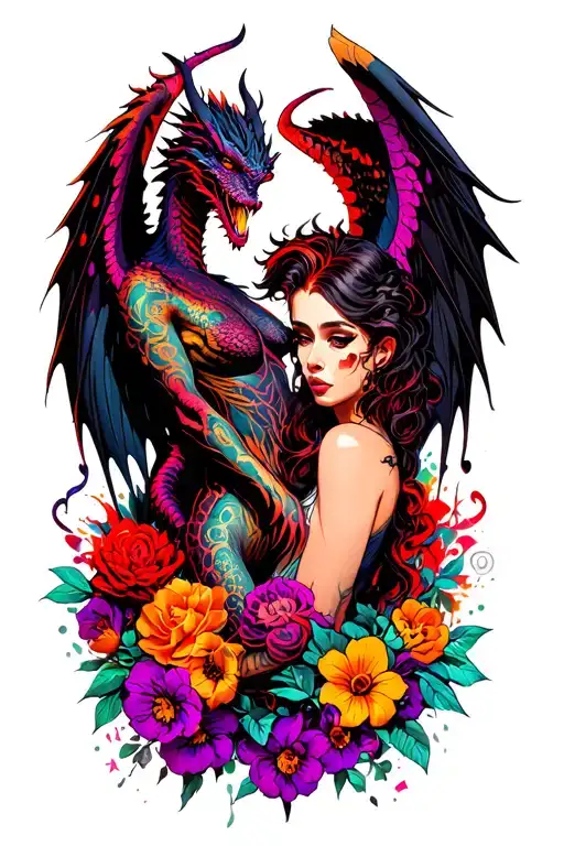 sexy demon and angel with dragon intertwined mostly blacks with hints of purples reds neon with flowers full coverage  tattoo design idea