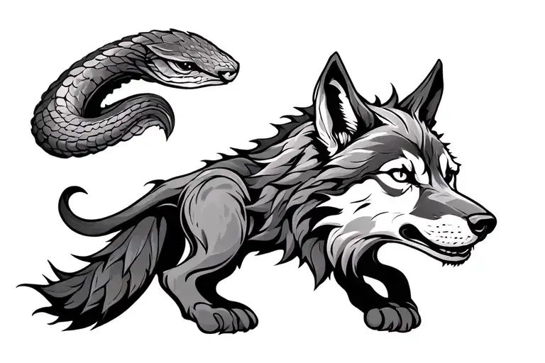 Tattoo design above the navel, forming a slightly arched bridge shape. A medieval serpentine wolf in three-quarter view tattoo design idea