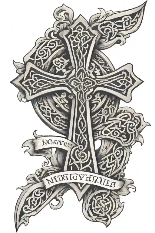 Celtic Cross with words "my mercy prevails over my wrath" tattoo design idea