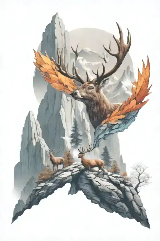 a mythical deer looking on a cliff overlooking mountains tattoo design idea