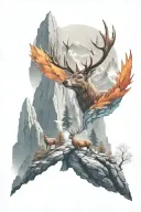 a mythical deer looking on a cliff overlooking mountains tattoo design idea