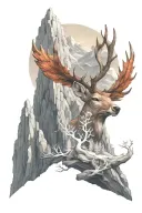 a mythical deer looking on a cliff overlooking mountains tattoo design idea
