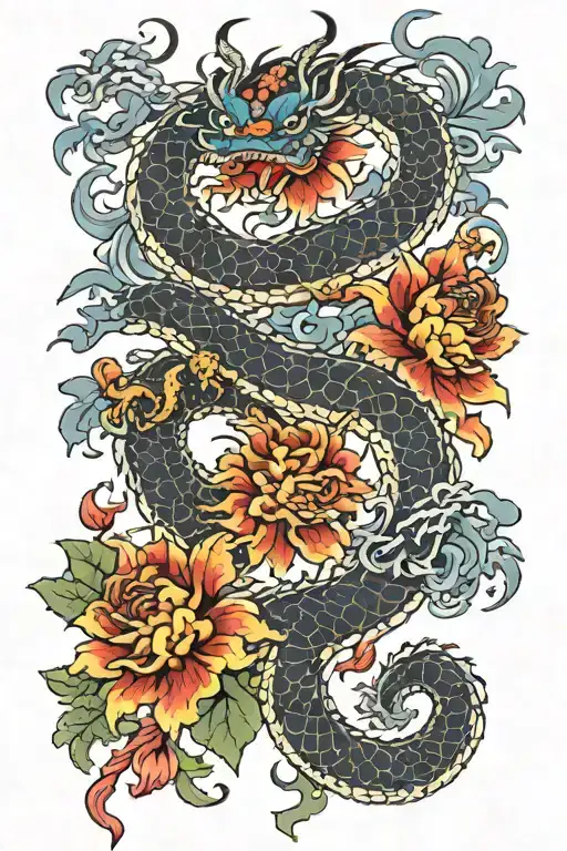 intertwined twin dragons with chrysanthemums, spider lilies, and carnation flowers incorporated throughout tattoo design idea