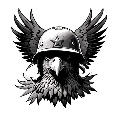 A striking design featuring a US Army Infantry helmet seamlessly merging with the powerful image of a majestic bald eagl tattoo design idea