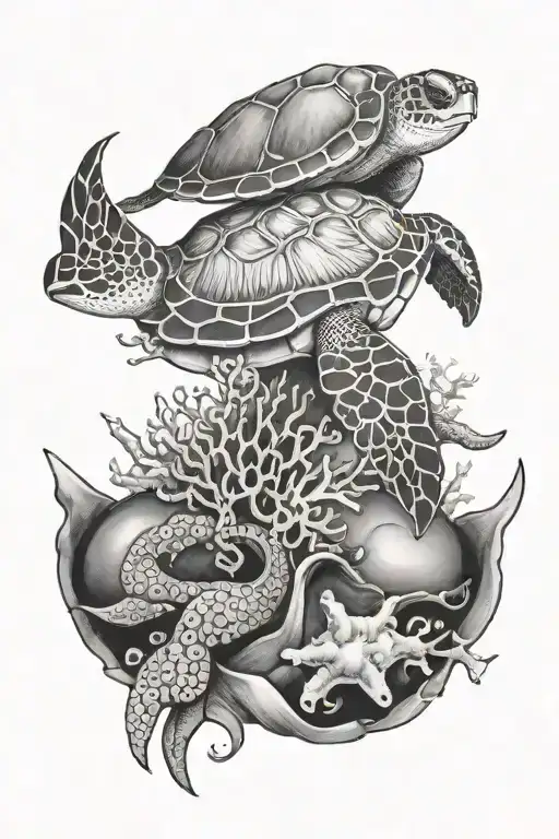 sea turtle, octopus, treasure chest, shark, coral reef tattoo design idea