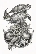 sea turtle, octopus, treasure chest, shark, coral reef tattoo design idea