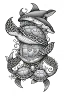 sea turtle, octopus, treasure chest, shark, coral reef tattoo design idea