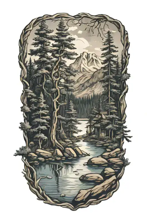 realistic nature inspired tattoo with a lake trees  tattoo design idea