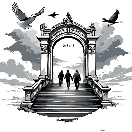 stairs to heaven gate with clouds and a dove and a cardinal and a two people walking holding hands and the date 01/08/18 tattoo design idea