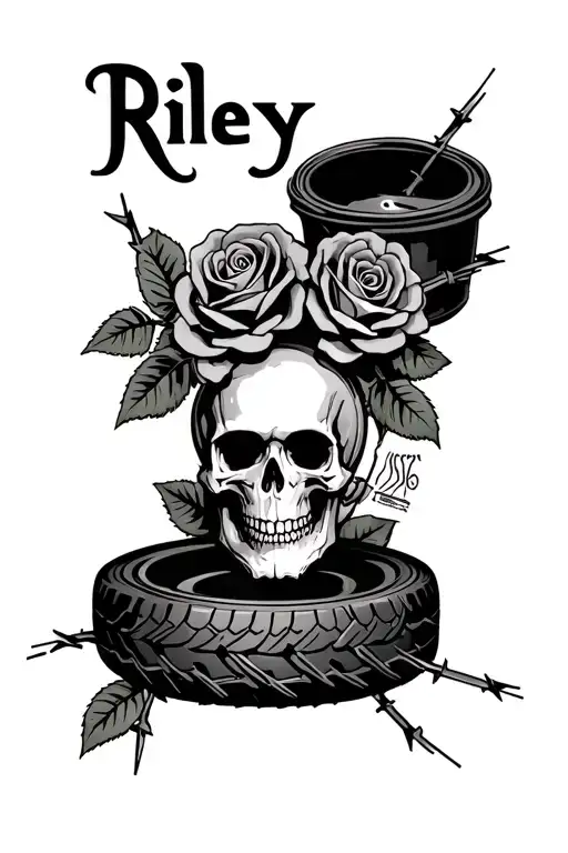 "Riley" barbedwire, evil, scary, roses, gamble, skull, engine, tires tattoo design idea