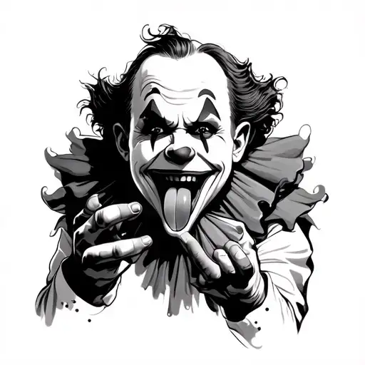 art the clown from terrifier with his tongue cut out while he smiles and holds his tounge in hand tattoo design idea