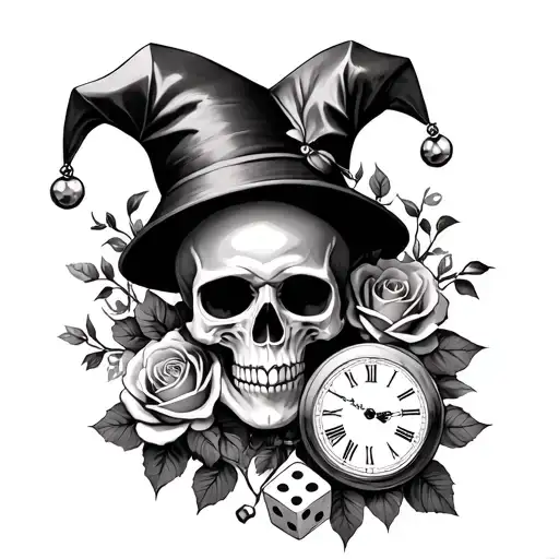 Skull and clock and dice and roses and vines and jester hat. tattoo design idea