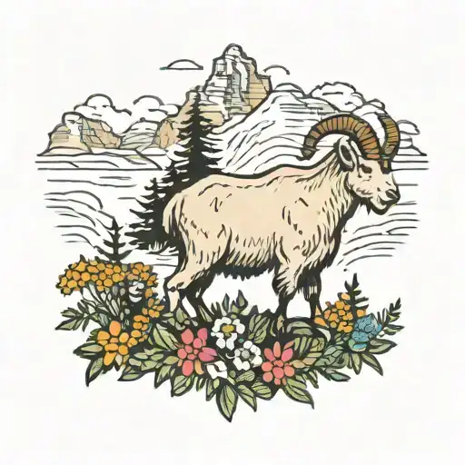 Mountain goat standing in a patch of colorful wildflowers in the high alpine mountains of glacier national park montana tattoo design idea