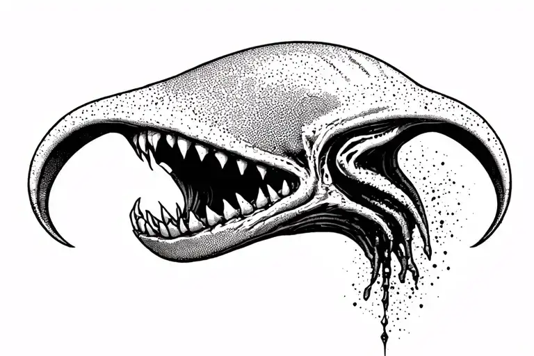 Cosmic Alien Romulis elongated muzzle with an open mouth with fangs in saliva tattoo design idea