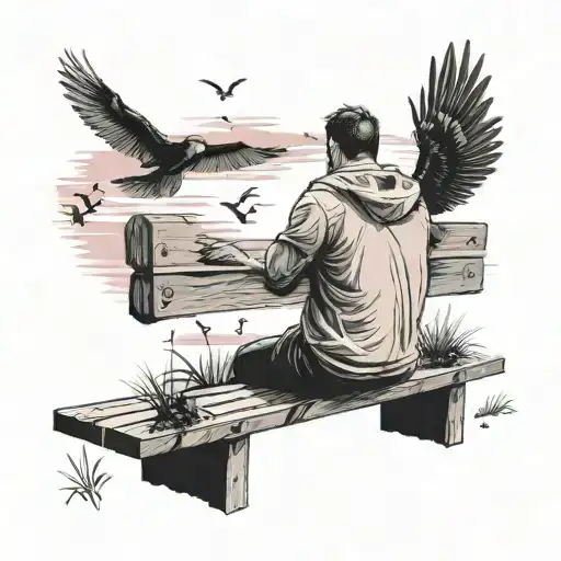 Draw a person with his back turned and sitting on a bench looking at the beach but the sky is pink and birds are flying tattoo design idea