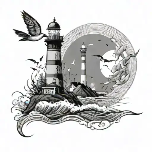 waves lighthouse birds flying away moon tattoo design idea