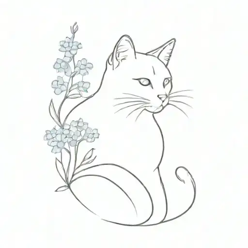 Cat outline looks up at the forget-me-not flower tattoo design idea