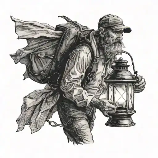 A man standing with a lantern in his hand, searching for a way. tattoo design idea