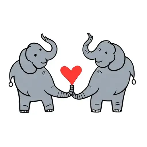 two elephants facing each other with their trucks holding a heart in cartoon form tattoo design idea