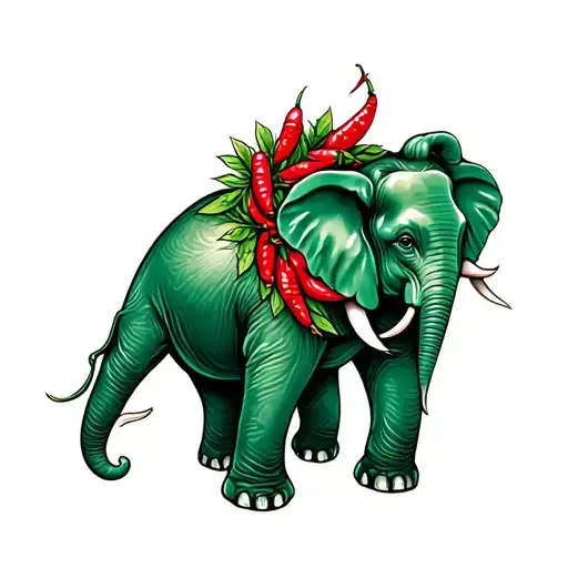 jade elephant with a green and red chile wreath tattoo design idea