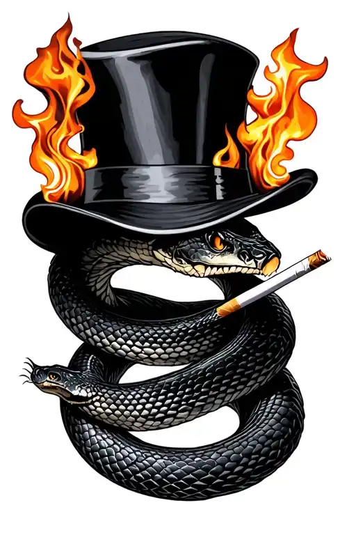 snake coiled with top hat and cigarette burning black tattoo design idea