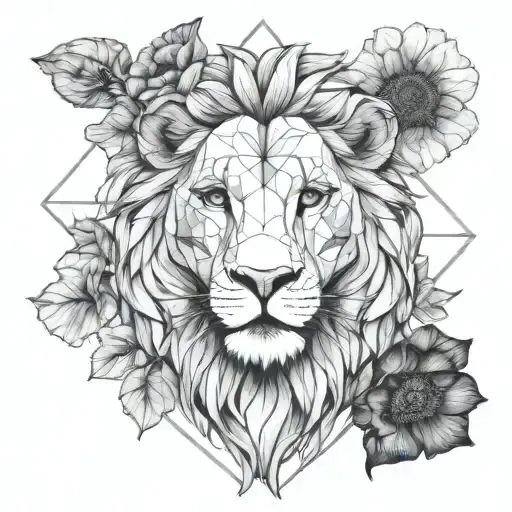 lion head with poppies blooming tattoo design idea