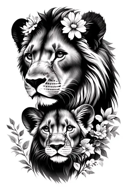 stencil of female lion head with lion cub with flowers around their ears and incorporated in the portrait tattoo design idea