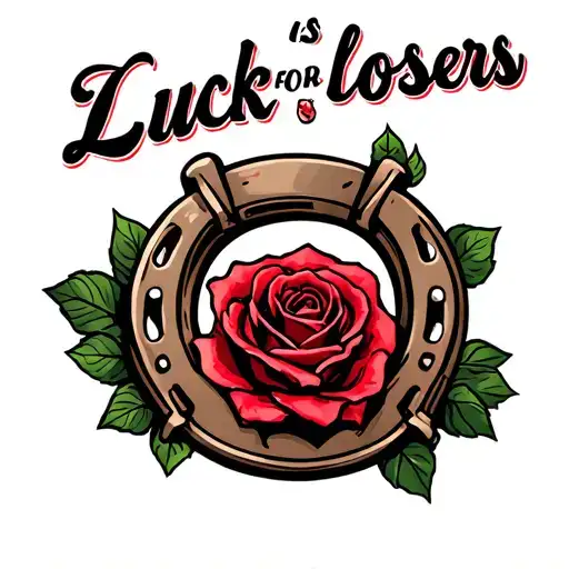 "Luck is for losers" traditional horseshoe with rose in center tattoo design idea