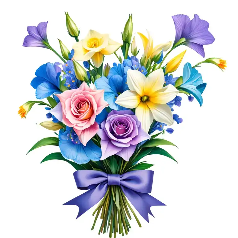 gladiolus, daffodil, rose, sweet pea birth flower bouquet tied with thin bow. I like colors: blues, pinks, purples, cyan tattoo design idea