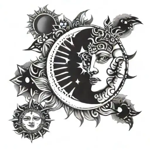 sun and moon with face tattoo design idea