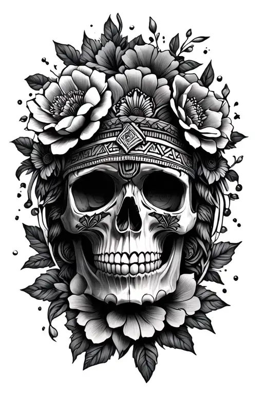 aztec, skull, flowers intertwined tattoo design idea