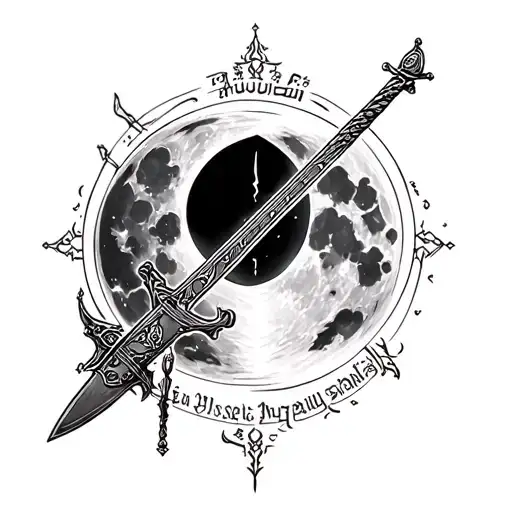 Bloody moon scene, Persian sword and bow, word Hussein, stringed instrument, mystic in prayer tattoo design idea