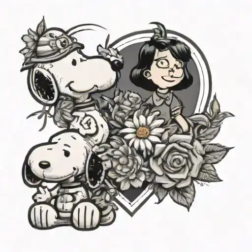"I love you move most", and Illini symbol, and "I love you bigger bunches, and snoopy character all surrounded by flower tattoo design idea