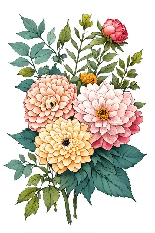 dahlia, ranunculus, peony, greenage, eucalyptus leaves for upper arm tattoo tattoo design idea