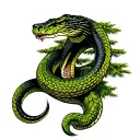 Black and Green cobra with hits hood open, wrapped around a powerful and sinister looking Douglas fir tree.  tattoo design idea