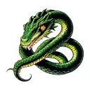 Black and Green cobra with hits hood open, wrapped around a powerful and sinister looking Douglas fir tree.  tattoo design idea