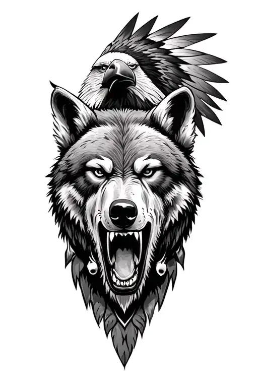 angry bear, wolf, eagle, forrest and native american tattoo design idea