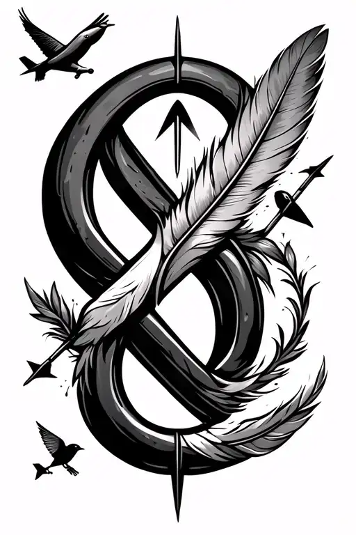 infinity sign with an arrow through it, on both sides of the word, also a long feather, birds and an airplane tattoo design idea