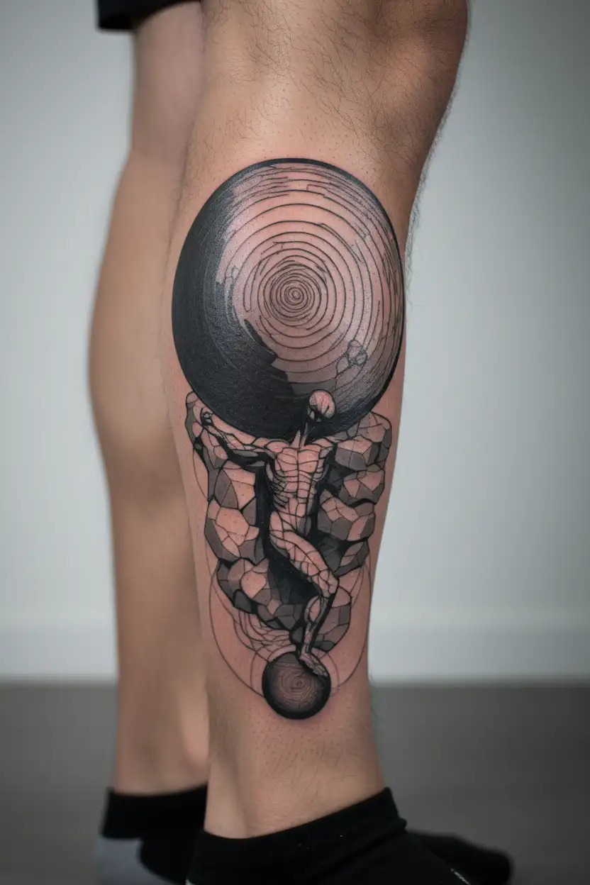 sisyphus pushing a rock , fibonacci spiral graph tattoo design idea