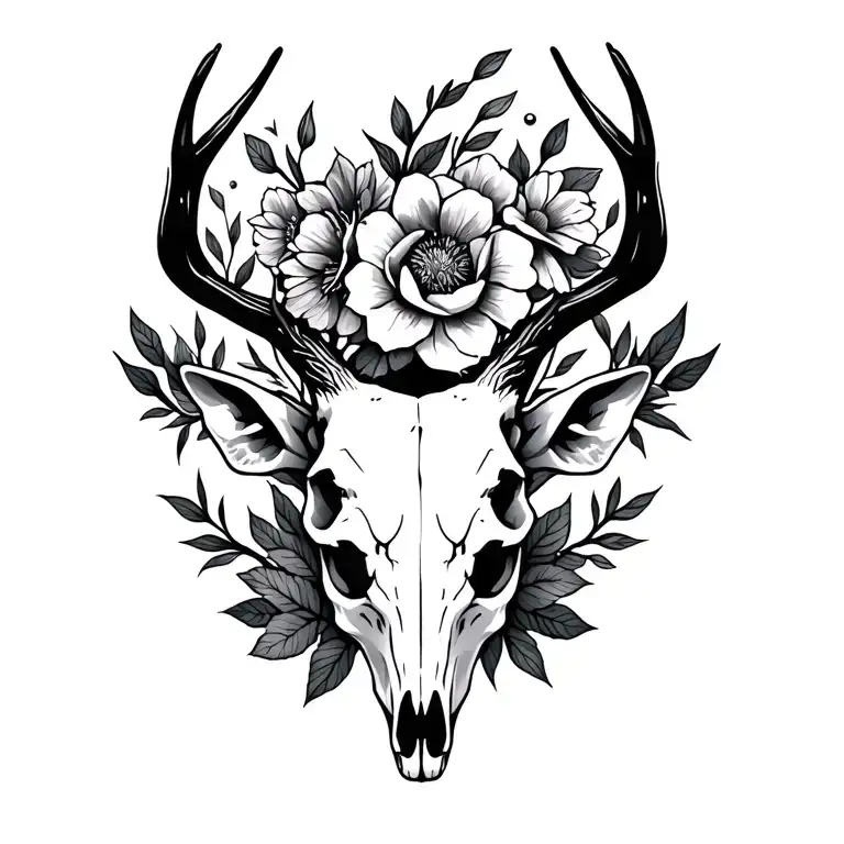 deer skull with flowers surrounding tattoo design idea