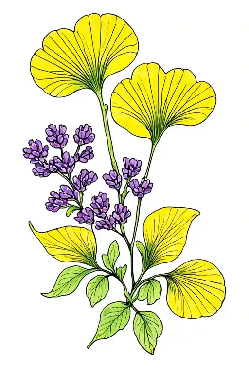 lavender and yellow acacia flowers with two gingko leaves tattoo design idea